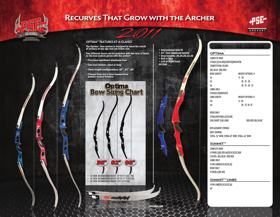 Recurves that grow with the archer, Pse summit, Summit | Limbs, Interchangeable components make the optima, The most versatile bow in the pse heritage™ line | PSE Archery Heritage Series Bows 2011 User Manual | Page 3 / 6