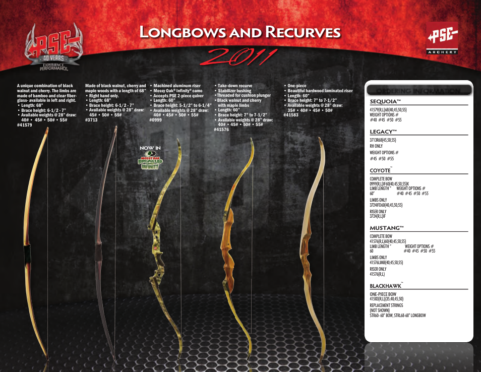 Longbows and recurves, 68” pse legacy, Pse coyote | Pse mustang, Pse sequoia | PSE Archery Heritage Series Bows 2011 User Manual | Page 4 / 6