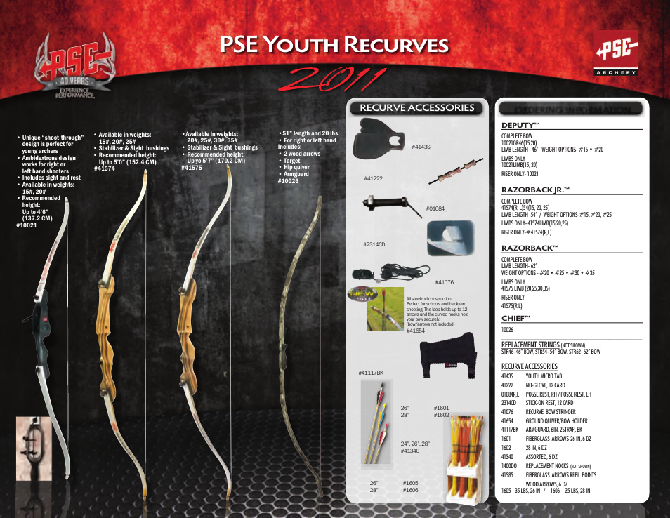 Pse youth recurves, Pse deputy, Pse razorback | Pse razorback jr, Pse chief | PSE Archery Heritage Series Bows 2011 User Manual | Page 5 / 6