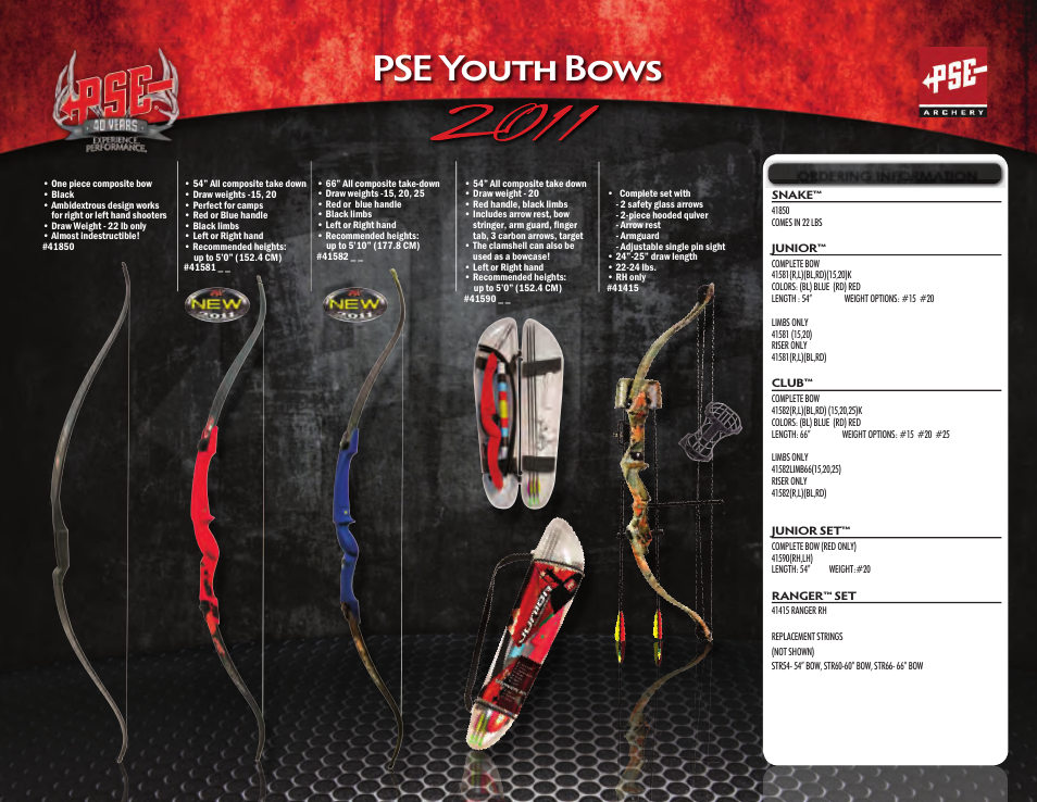 Pse youth bows, Pse junior, Pse snake | Pse club bow | PSE Archery Heritage Series Bows 2011 User Manual | Page 6 / 6