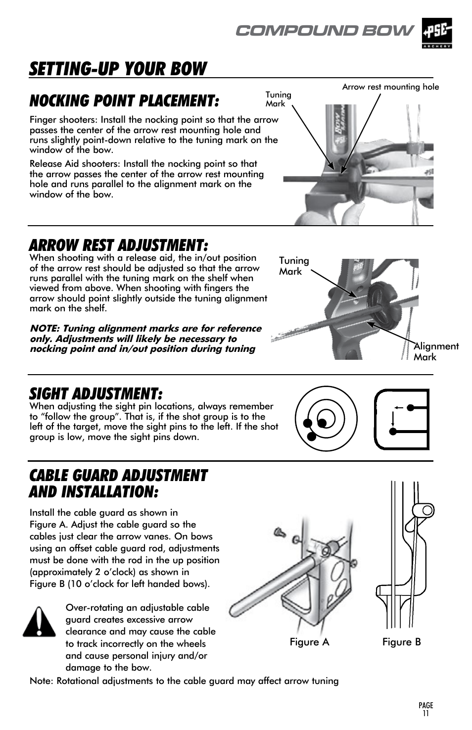 Setting-up your bow, Nocking point placement, Arrow rest adjustment | Sight adjustment, Cable guard adjustment and installation, Compound bow | PSE Archery Compound Bow 2015 User Manual | Page 10 / 42
