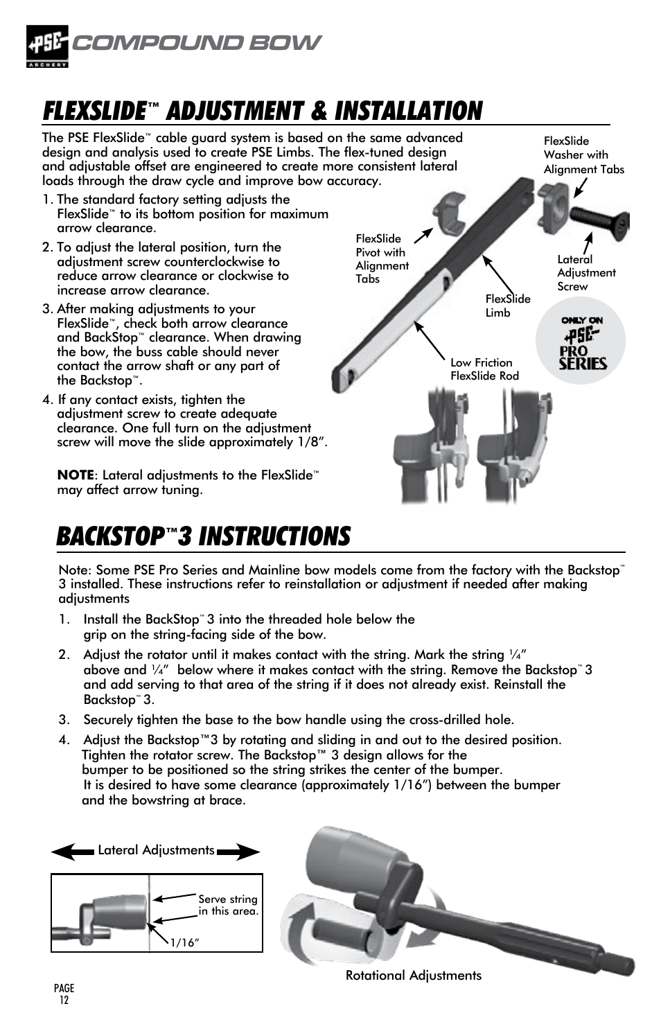 Flexslide, Adjustment & installation, Backstop | 3 instructions, Compound bow, User’s guide | PSE Archery Compound Bow 2015 User Manual | Page 11 / 42