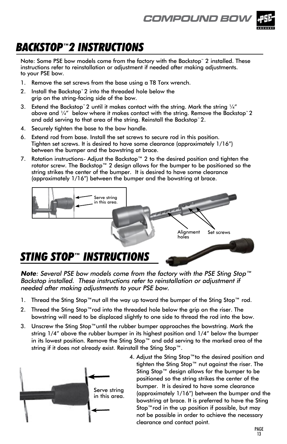 Backstop, 2 instructions, Sting stop | Instructions, Compound bow, User’s guide | PSE Archery Compound Bow 2015 User Manual | Page 12 / 42