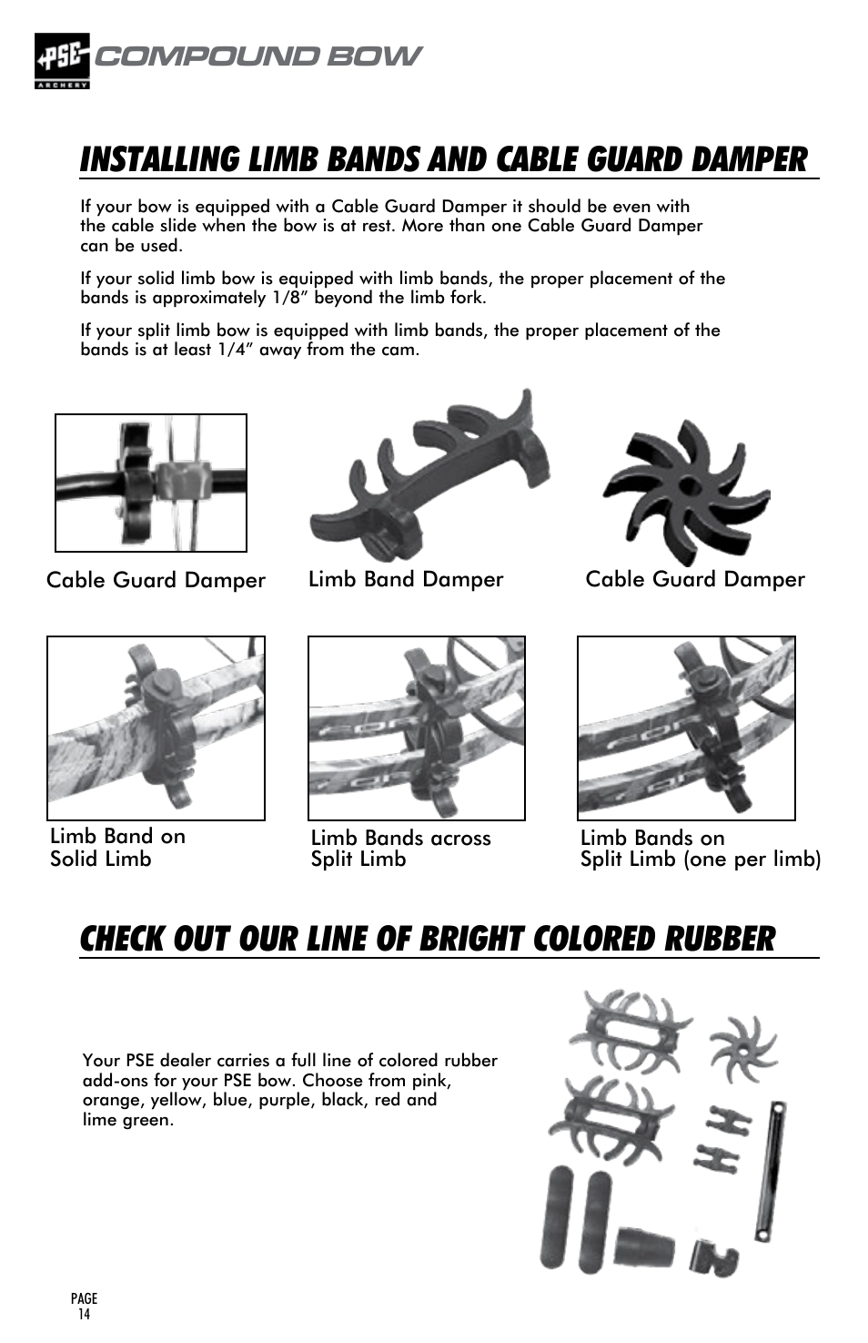 Installing limb bands and cable guard damper, Check out our line of bright colored rubber, Compound bow | PSE Archery Compound Bow 2015 User Manual | Page 13 / 42