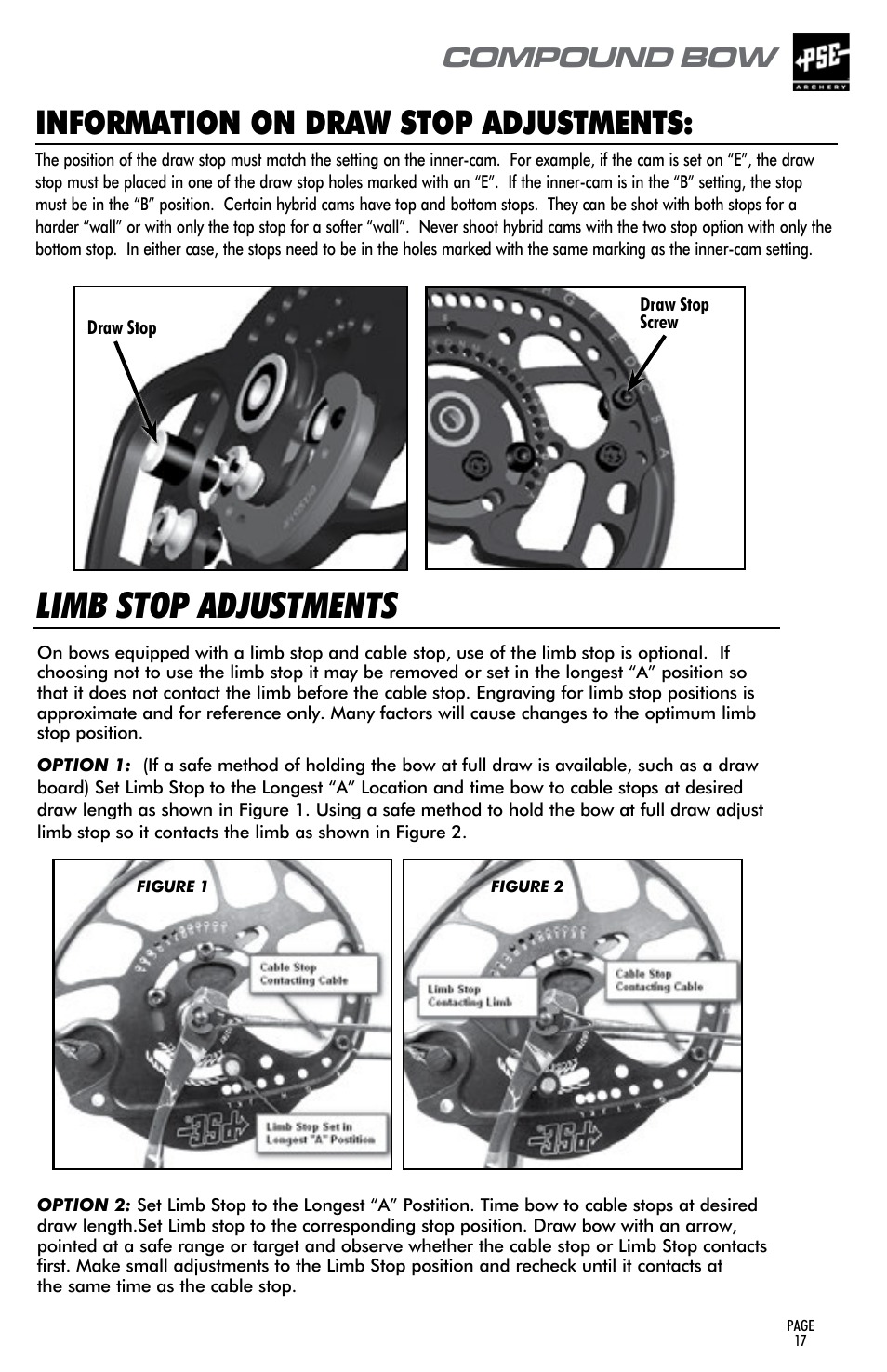 Limb stop adjustments, Information on draw stop adjustments, Compound bow | PSE Archery Compound Bow 2015 User Manual | Page 16 / 42