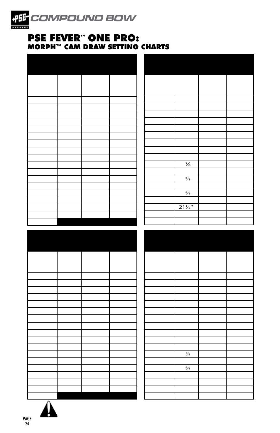 Pse fever, One pro, Compound bow | User’s guide, Morph™ cam draw setting charts | PSE Archery Compound Bow 2015 User Manual | Page 23 / 42