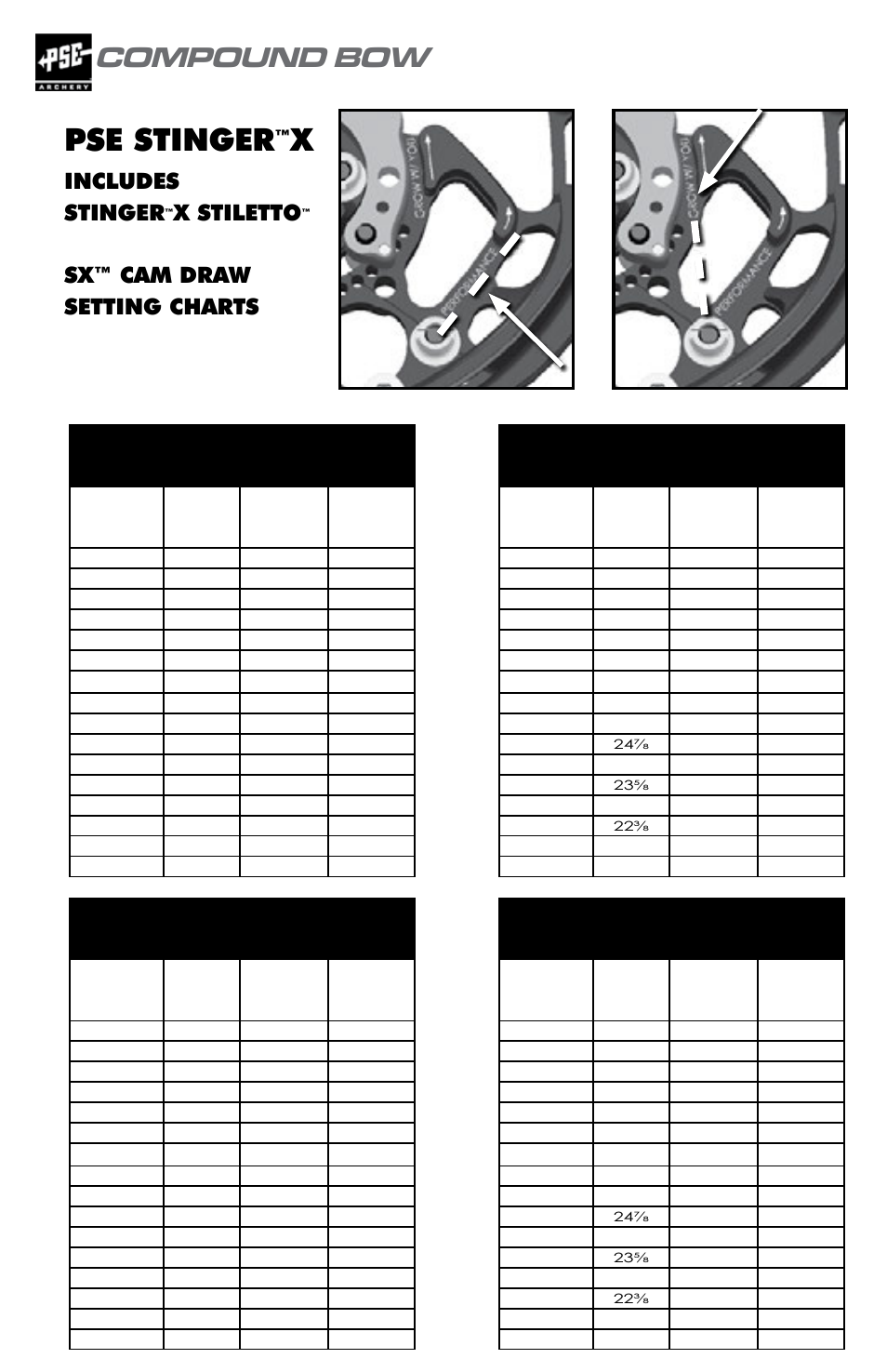 Pse stinger, Compound bow, User’s guide | Includes stinger, X stiletto, Sx™ cam draw setting charts | PSE Archery Compound Bow 2015 User Manual | Page 27 / 42