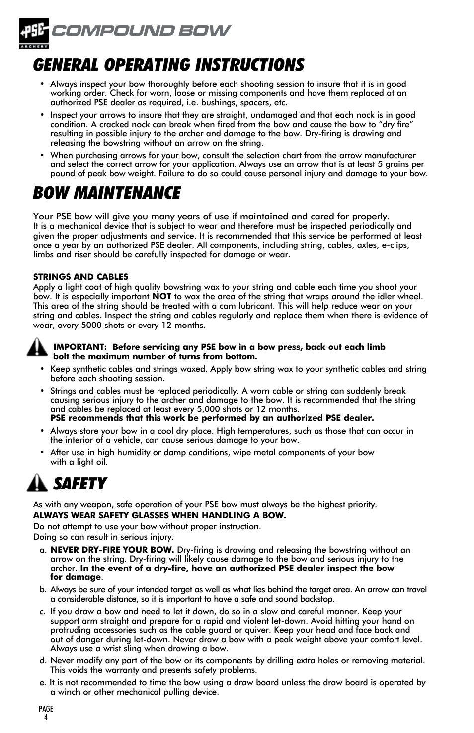 General operating instructions, Bow maintenance, Safety | Compound bow, User’s guide | PSE Archery Compound Bow 2015 User Manual | Page 3 / 42