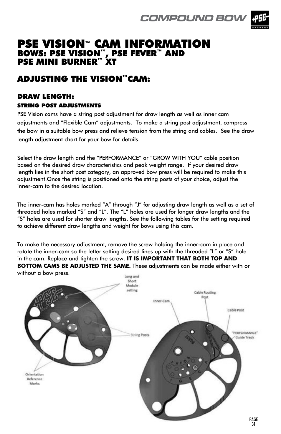 Pse vision, Cam information, Compound bow | Bows: pse vision, Pse fever, And pse mini burner, Adjusting the vision | PSE Archery Compound Bow 2015 User Manual | Page 30 / 42