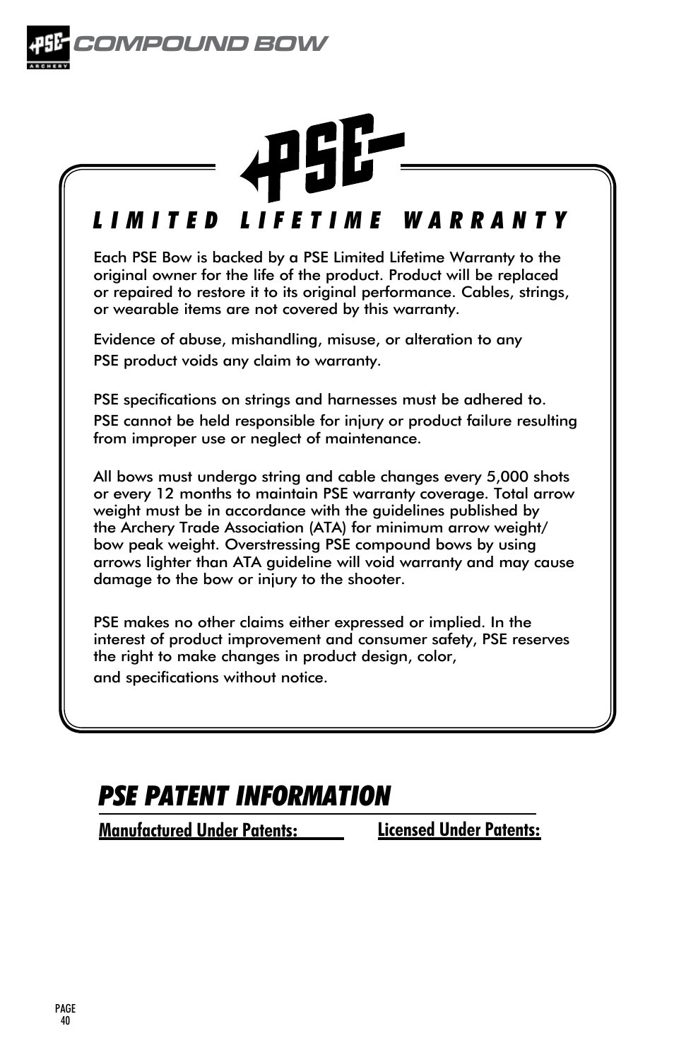 Pse patent information, Compound bow, Manufactured under patents: licensed under patents | PSE Archery Compound Bow 2015 User Manual | Page 39 / 42