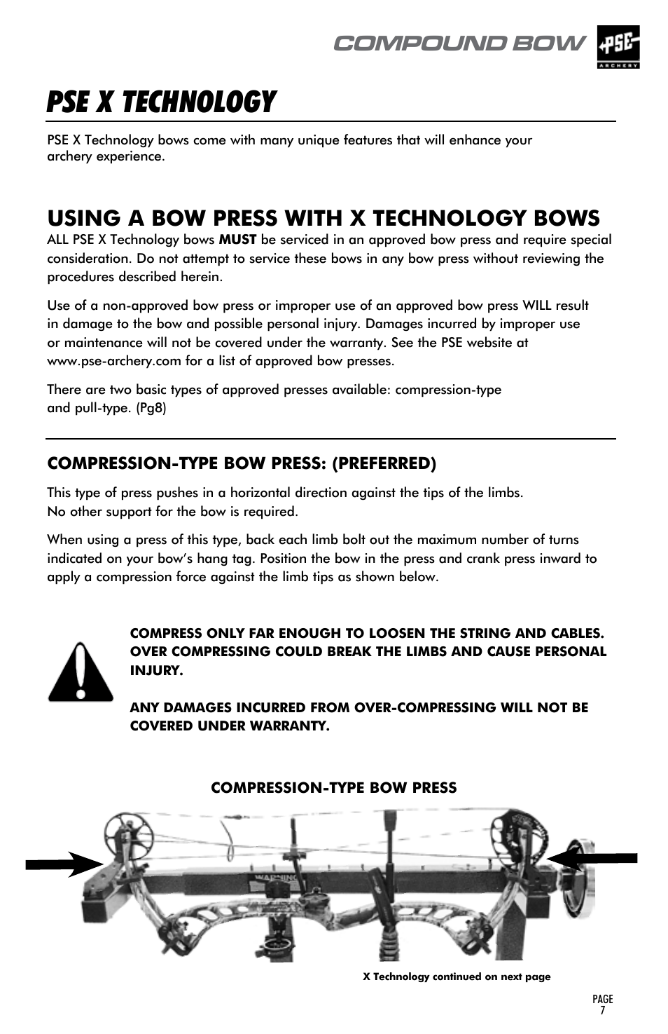 Pse x technology, Compound bow, Using a bow press with x technology bows | PSE Archery Compound Bow 2015 User Manual | Page 6 / 42