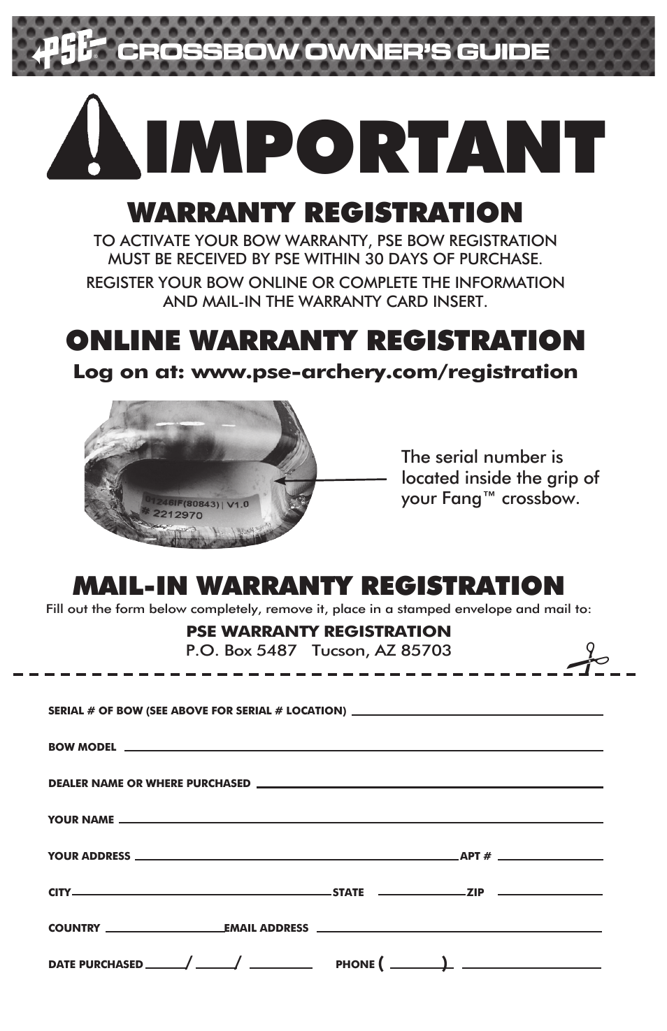 Important, Warranty registration, Online warranty registration | Mail-in warranty registration, Crossbow owner’s guide | PSE Archery Fang Crossbow 2015 User Manual | Page 11 / 12