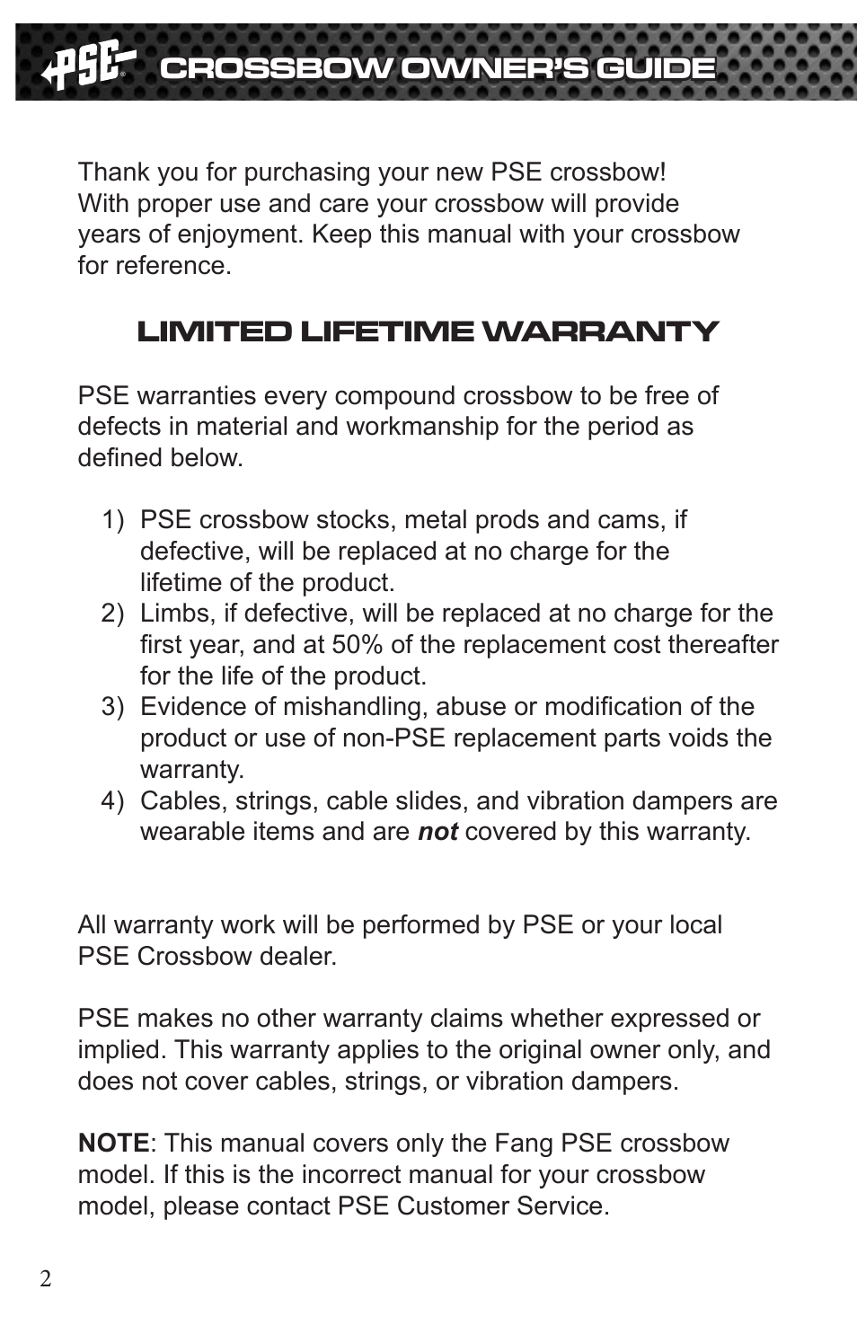 Crossbow owner’s guide, Limited lifetime warranty | PSE Archery Fang Crossbow 2015 User Manual | Page 2 / 12