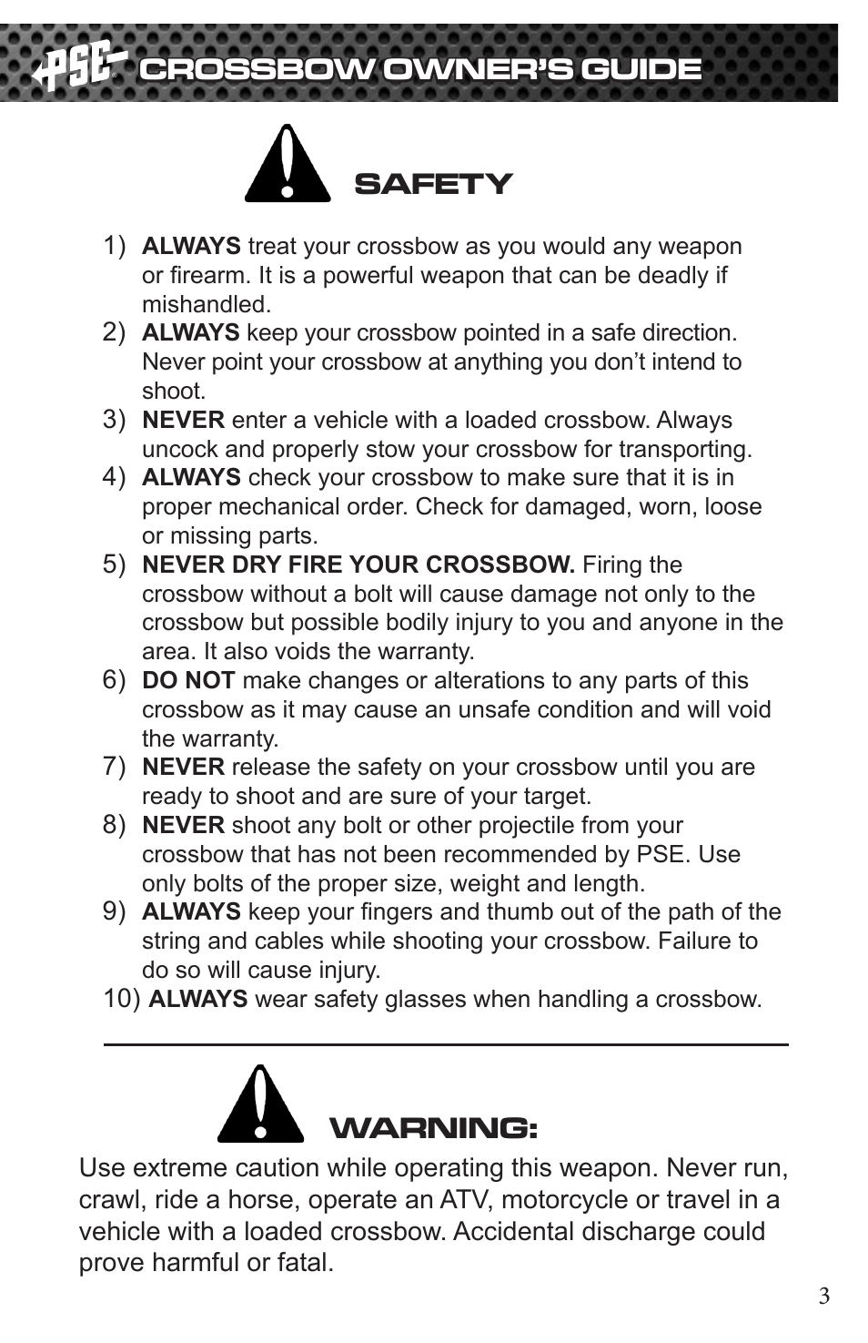 Crossbow owner’s guide, Safety, Warning | PSE Archery Fang Crossbow 2015 User Manual | Page 3 / 12