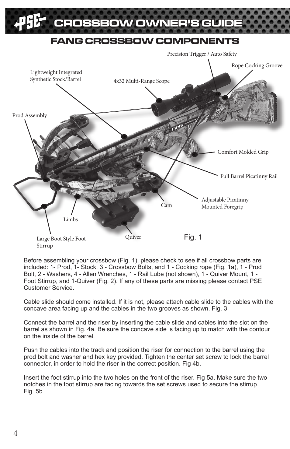 Crossbow owner’s guide, 4fang crossbow components, Fig. 1 | PSE Archery Fang Crossbow 2015 User Manual | Page 4 / 12