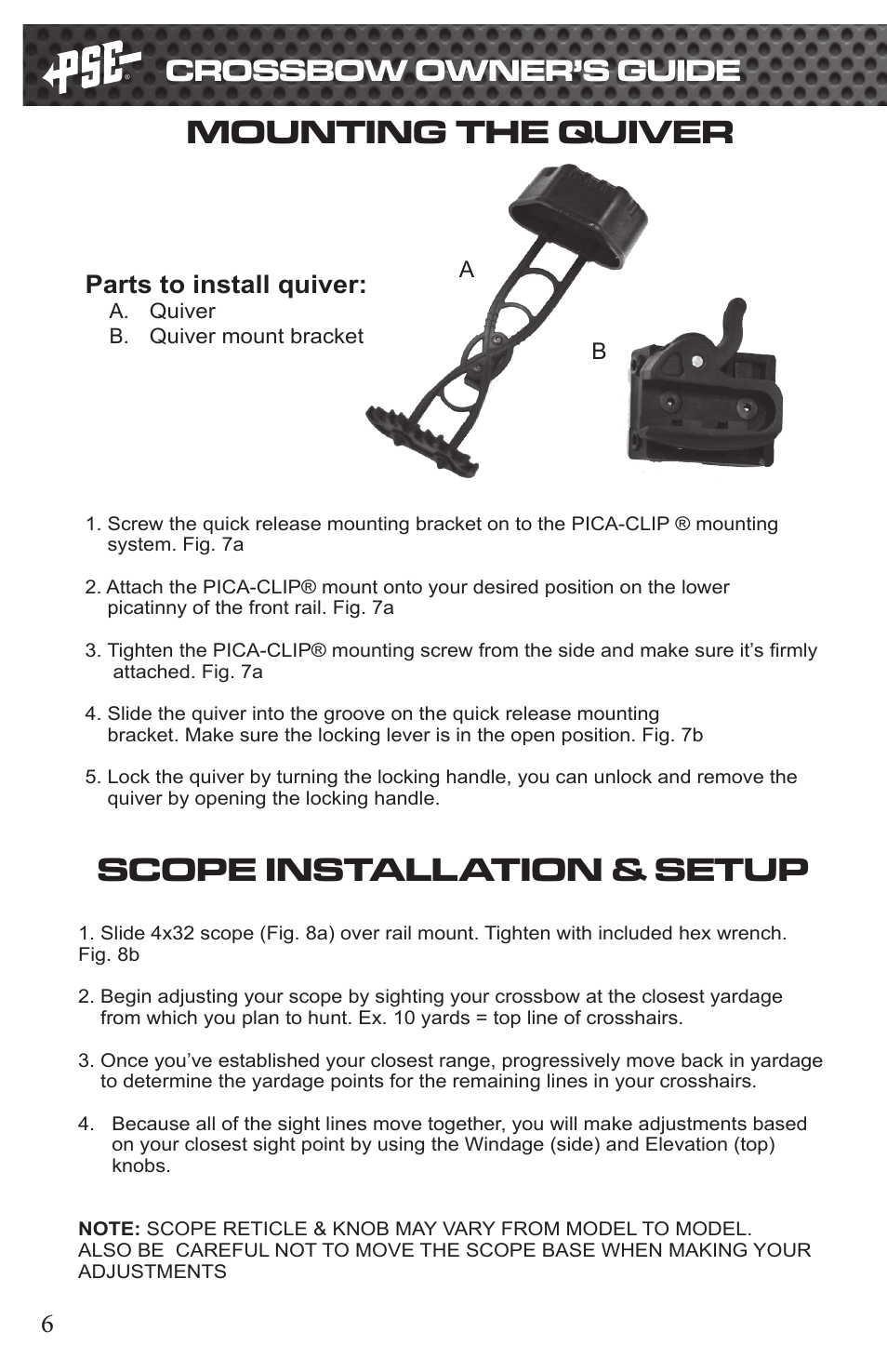 Mounting the quiver, Scope installation & setup, Crossbow owner’s guide | Parts to install quiver | PSE Archery Fang Crossbow 2015 User Manual | Page 6 / 12