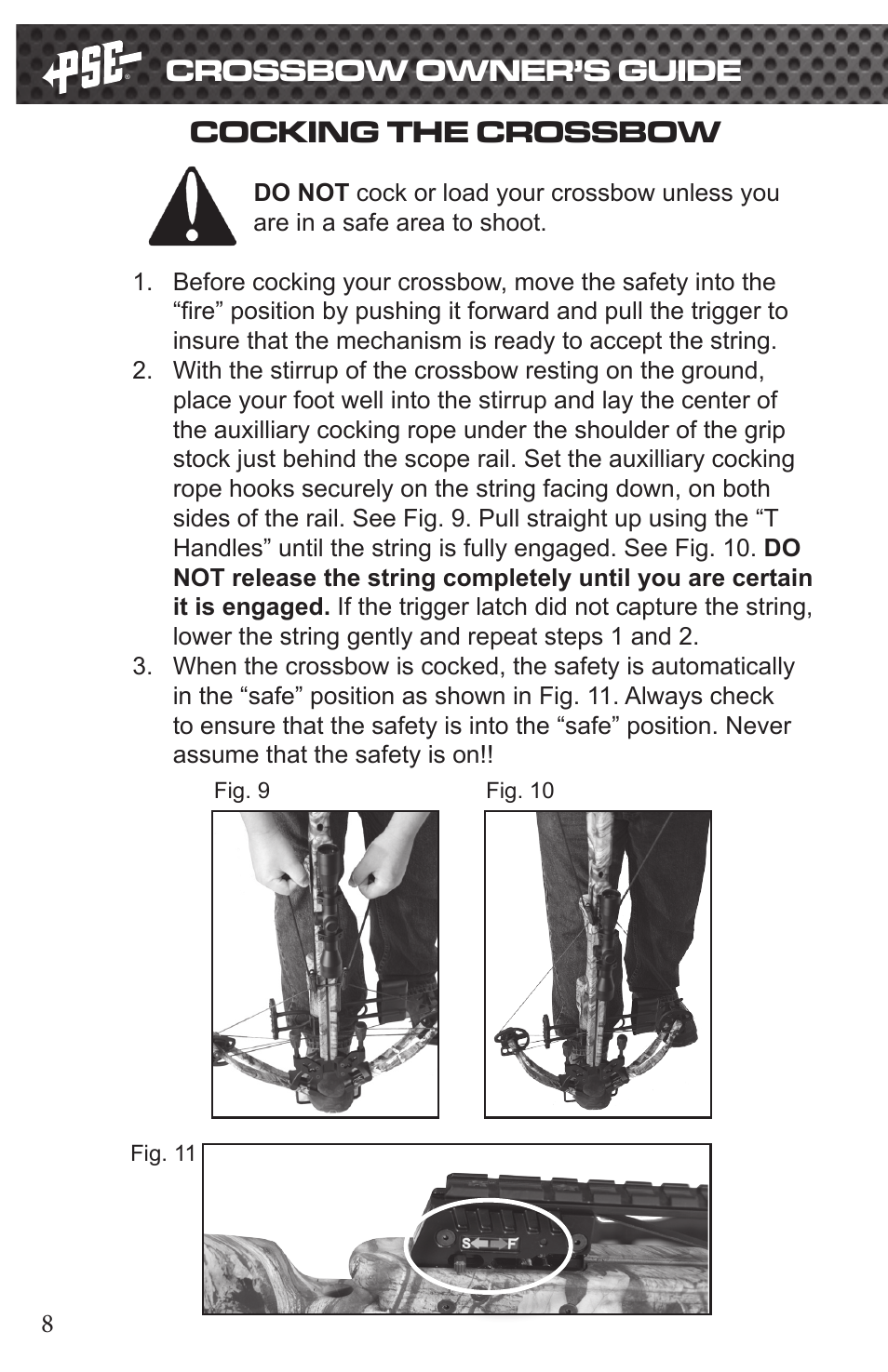 Crossbow owner’s guide, Cocking the crossbow | PSE Archery Fang Crossbow 2015 User Manual | Page 8 / 12