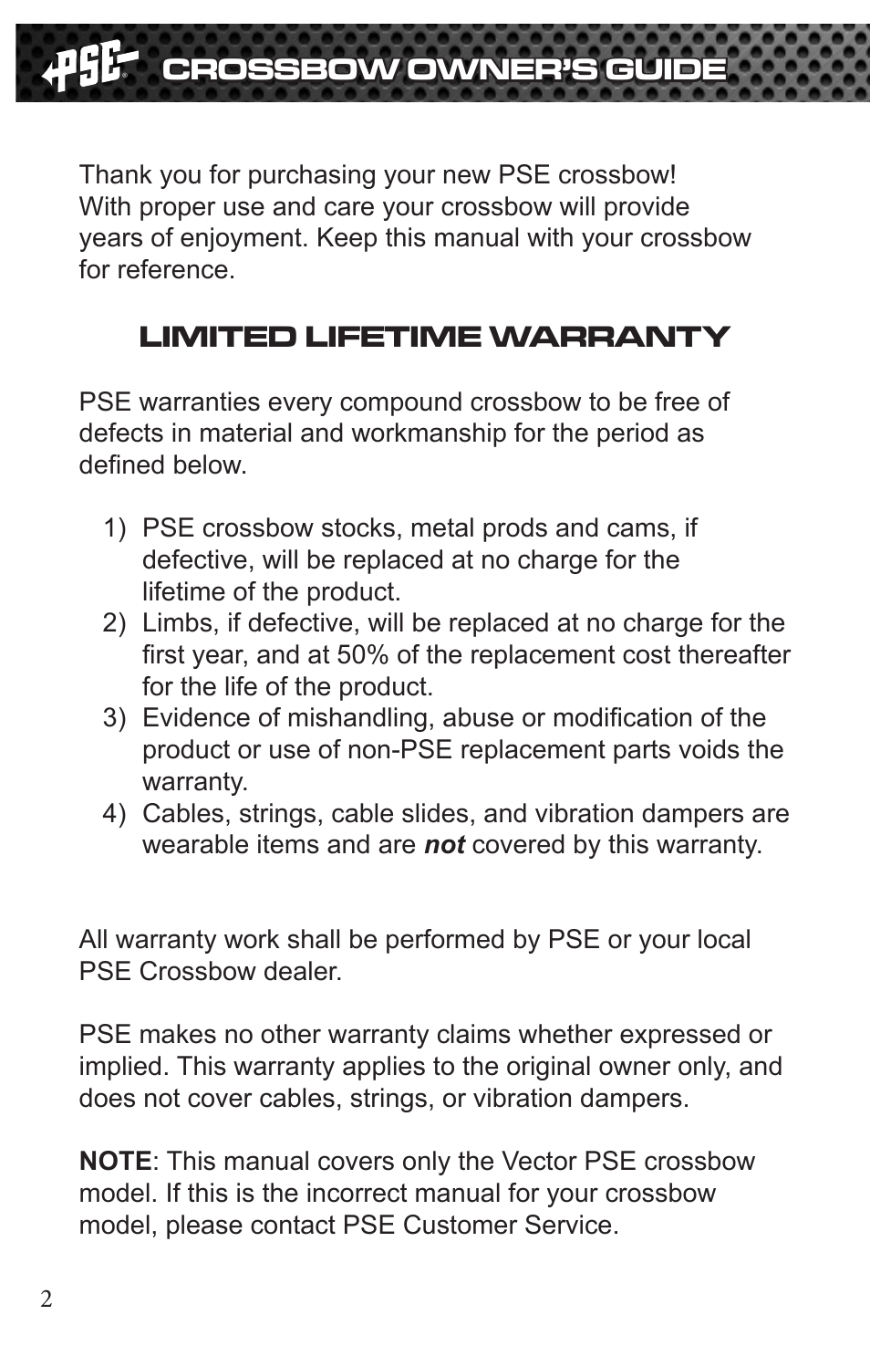 Crossbow owner’s guide, Limited lifetime warranty | PSE Archery Vector Crossbow 2015 User Manual | Page 2 / 12