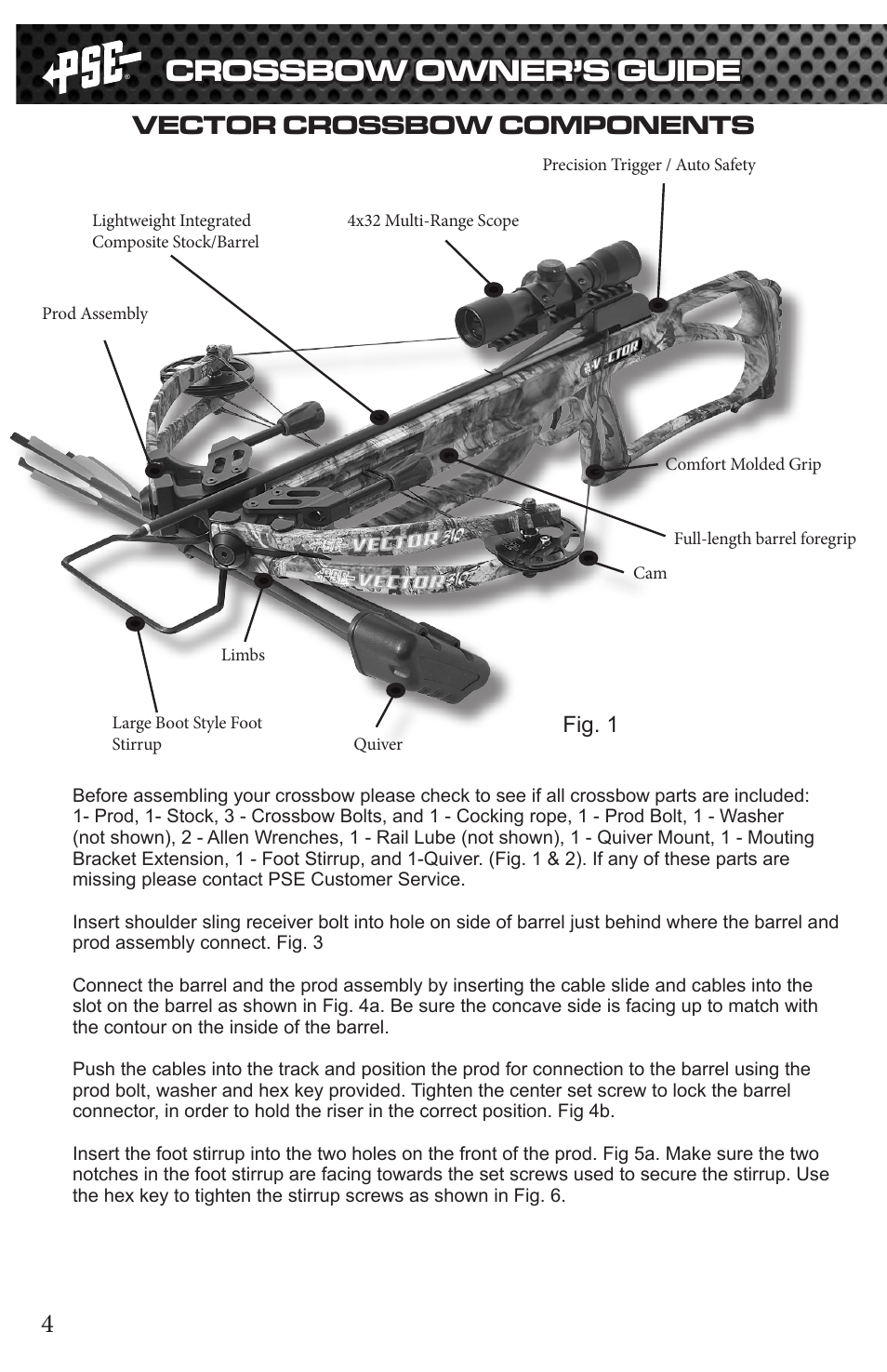 Crossbow owner’s guide, 4vector crossbow components, Fig. 1 | PSE Archery Vector Crossbow 2015 User Manual | Page 4 / 12