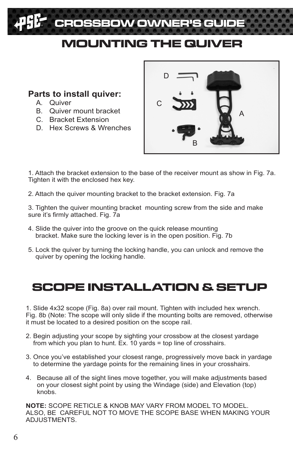 Mounting the quiver, Scope installation & setup, Crossbow owner’s guide | Parts to install quiver | PSE Archery Vector Crossbow 2015 User Manual | Page 6 / 12
