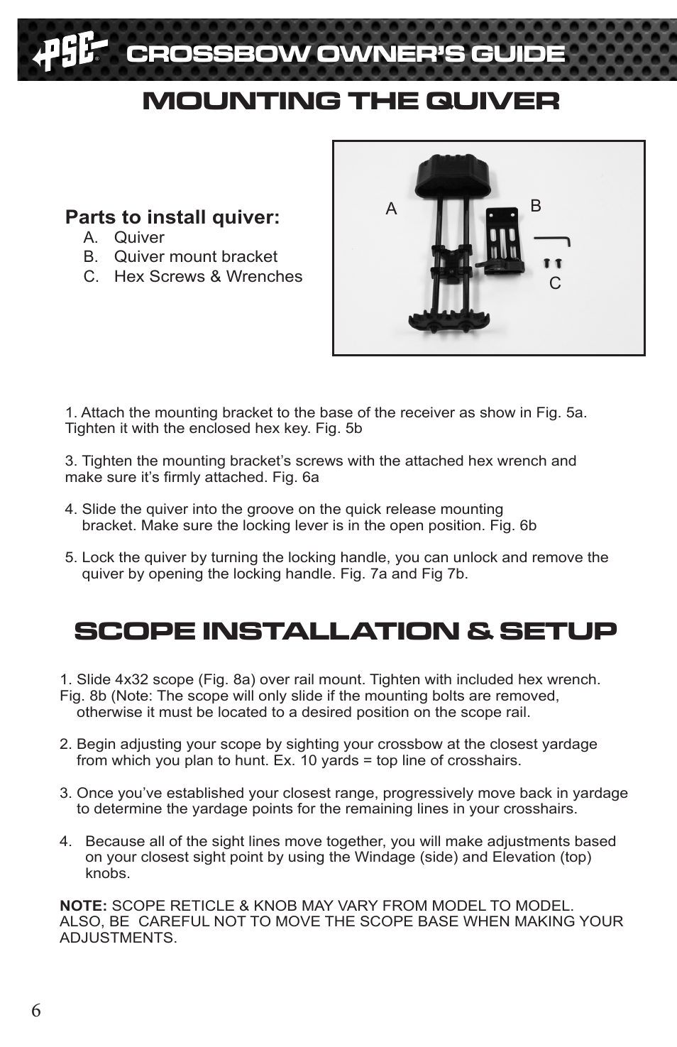 Mounting the quiver, Scope installation & setup, Crossbow owner’s guide | Parts to install quiver | PSE Archery Dream Season RDX 2015 User Manual | Page 6 / 12