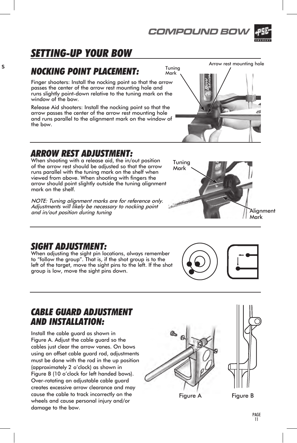 Setting-up your bow, Nocking point placement, Arrow rest adjustment | Sight adjustment, Cable guard adjustment and installation, Compound bow | PSE Archery Bow 2014 User Manual | Page 11 / 44