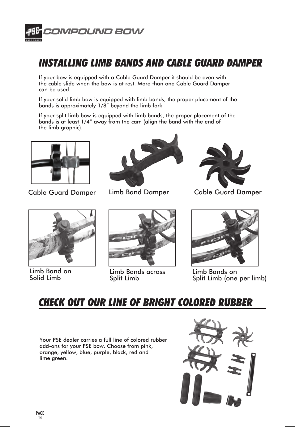 Installing limb bands and cable guard damper, Check out our line of bright colored rubber, Compound bow | PSE Archery Bow 2014 User Manual | Page 14 / 44