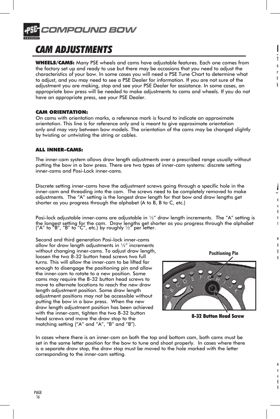 Cam adjustments, Limb stop adjustments, Information on draw stop adjustments | Compound bow, User’s guide | PSE Archery Bow 2014 User Manual | Page 16 / 44