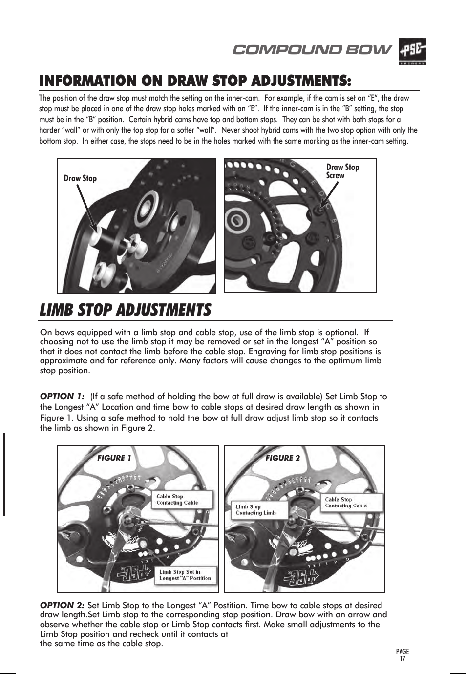 Cam adjustments, Limb stop adjustments, Information on draw stop adjustments | Compound bow, User’s guide | PSE Archery Bow 2014 User Manual | Page 17 / 44