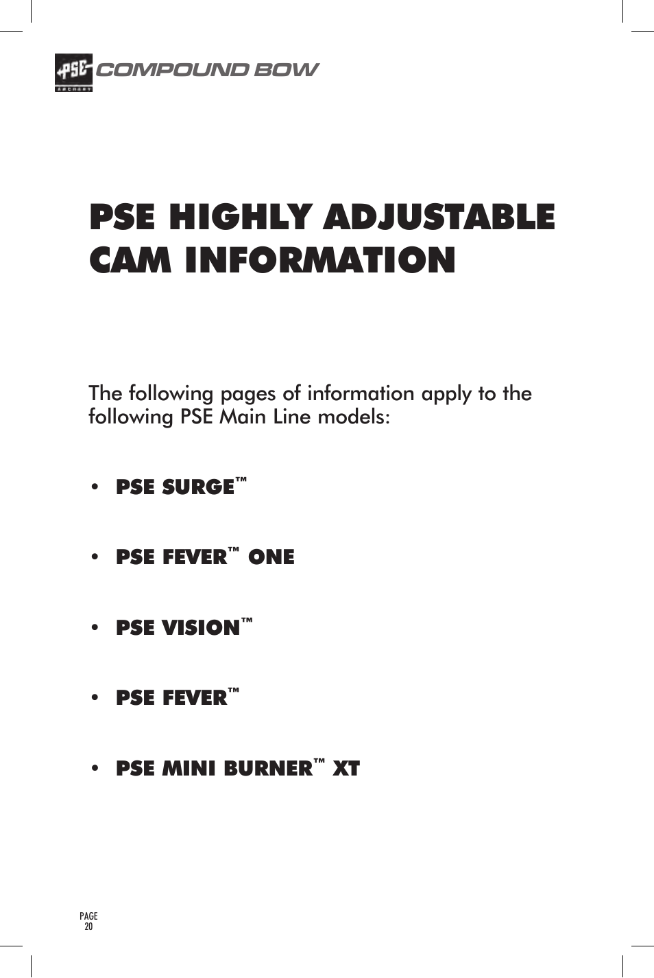 Pse highly adjustable cam information | PSE Archery Bow 2014 User Manual | Page 20 / 44