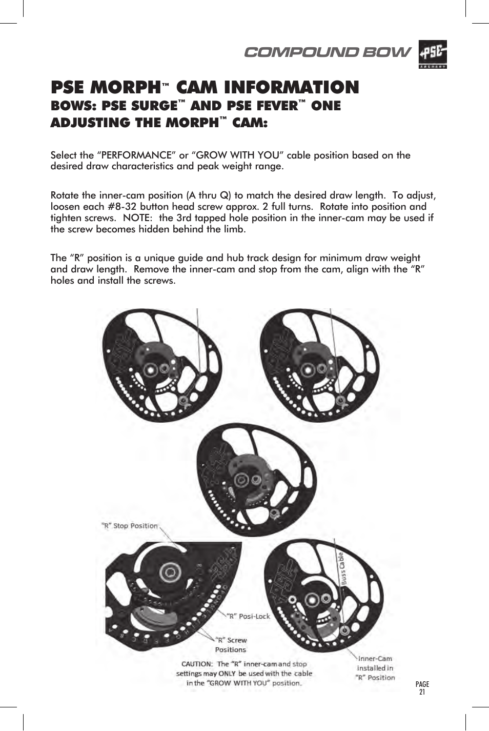 Pse highly adjustable cam information, Pse morph, Cam information | Pse fever, One • pse vision, Pse mini burner, Compound bow | PSE Archery Bow 2014 User Manual | Page 21 / 44