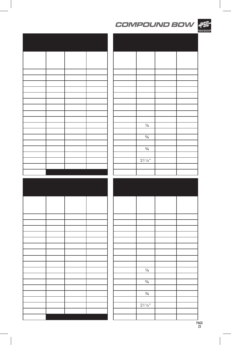 Compound bow, User’s guide, Pse surge 70# grow with you cable settings | Pse surge 60# performance cable settings, Pse surge 60# grow with you cable settings, Pse surge 50# performance cable settings | PSE Archery Bow 2014 User Manual | Page 23 / 44