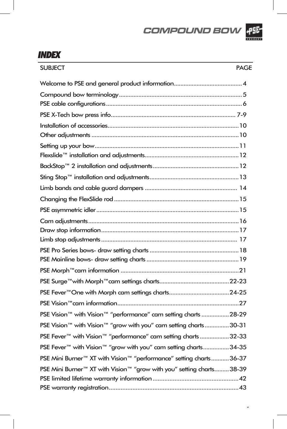 Index, Compound bow | PSE Archery Bow 2014 User Manual | Page 3 / 44