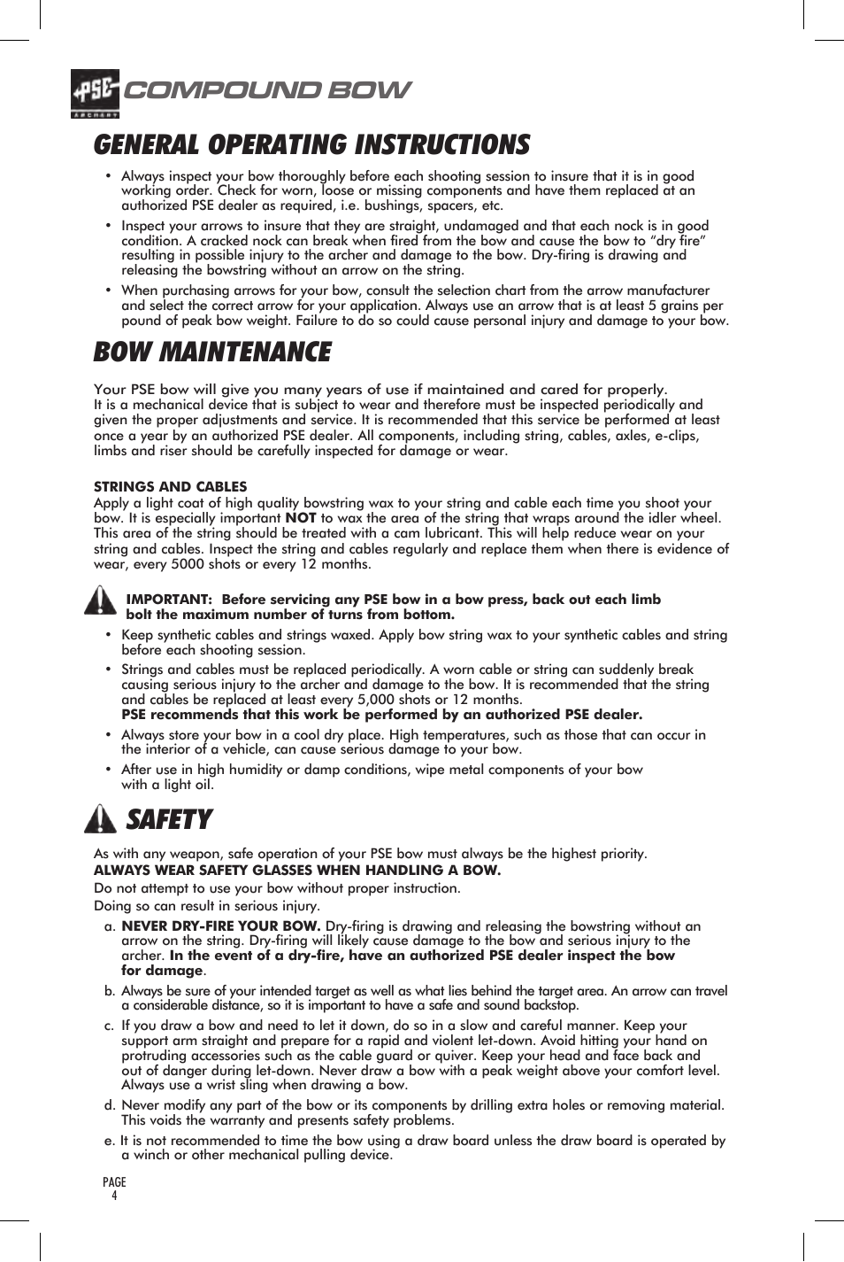 Compound bow terminology, General operating instructions, Bow maintenance | Safety, Compound bow, User’s guide | PSE Archery Bow 2014 User Manual | Page 4 / 44