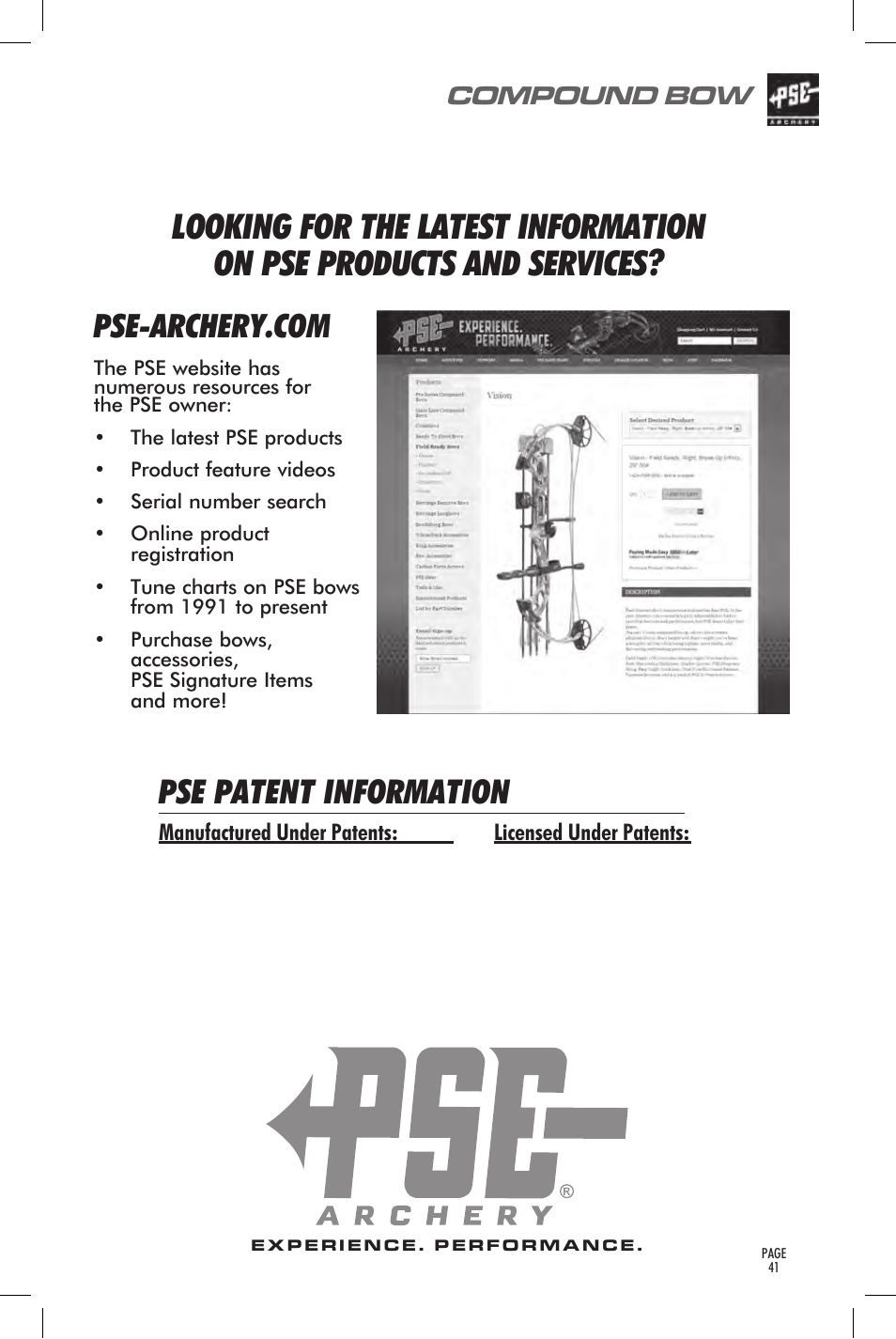 Pse patent information, Compound bow, Manufactured under patents: licensed under patents | PSE Archery Bow 2014 User Manual | Page 41 / 44