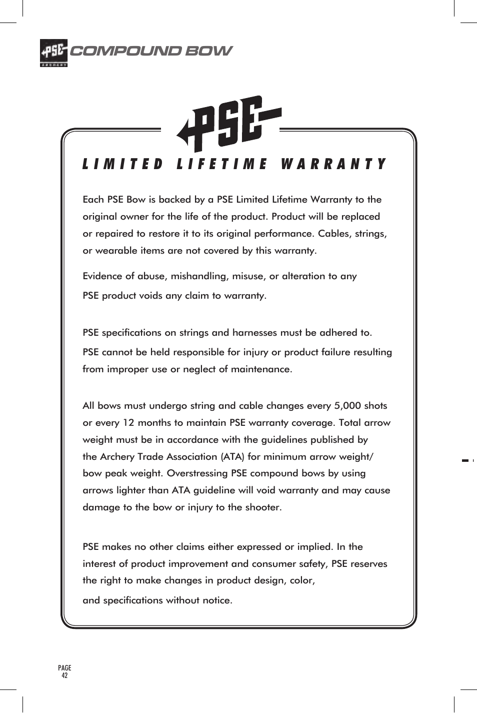 Mail-in warranty registration, Compound bow | PSE Archery Bow 2014 User Manual | Page 42 / 44