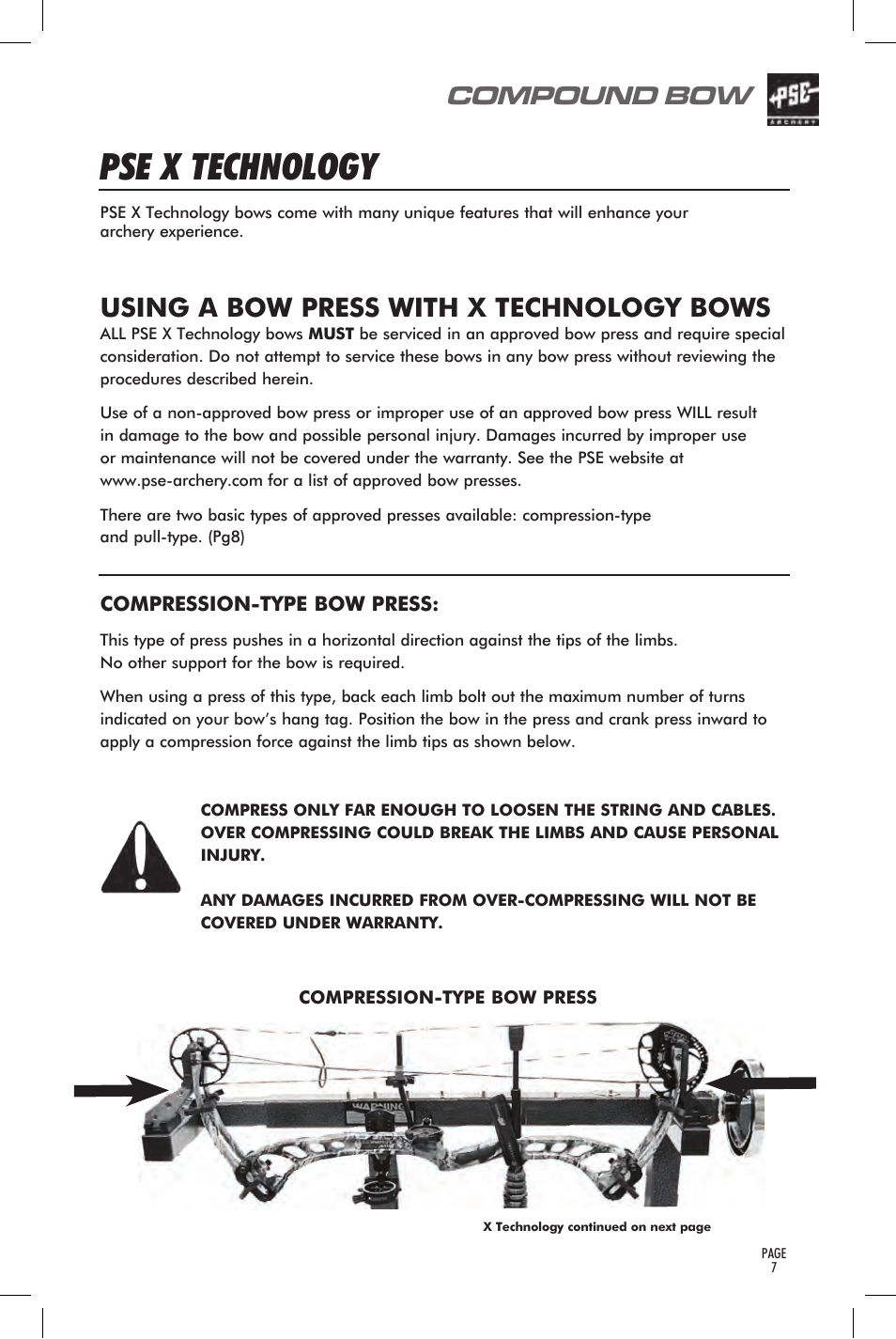 Pse x technology, Cable configurations, Compound bow | Using a bow press with x technology bows, One cam bow hybrid cam bow, Two cam bow | PSE Archery Bow 2014 User Manual | Page 7 / 44