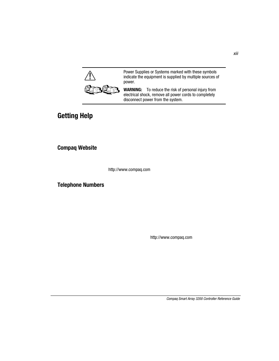 Getting help, Compaq website, Telephone numbers | Compaq 3200 User Manual | Page 12 / 211