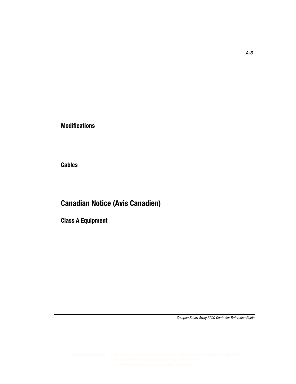 Canadian notice (avis canadien), Modifications, Cables | Class a equipment | Compaq 3200 User Manual | Page 126 / 211