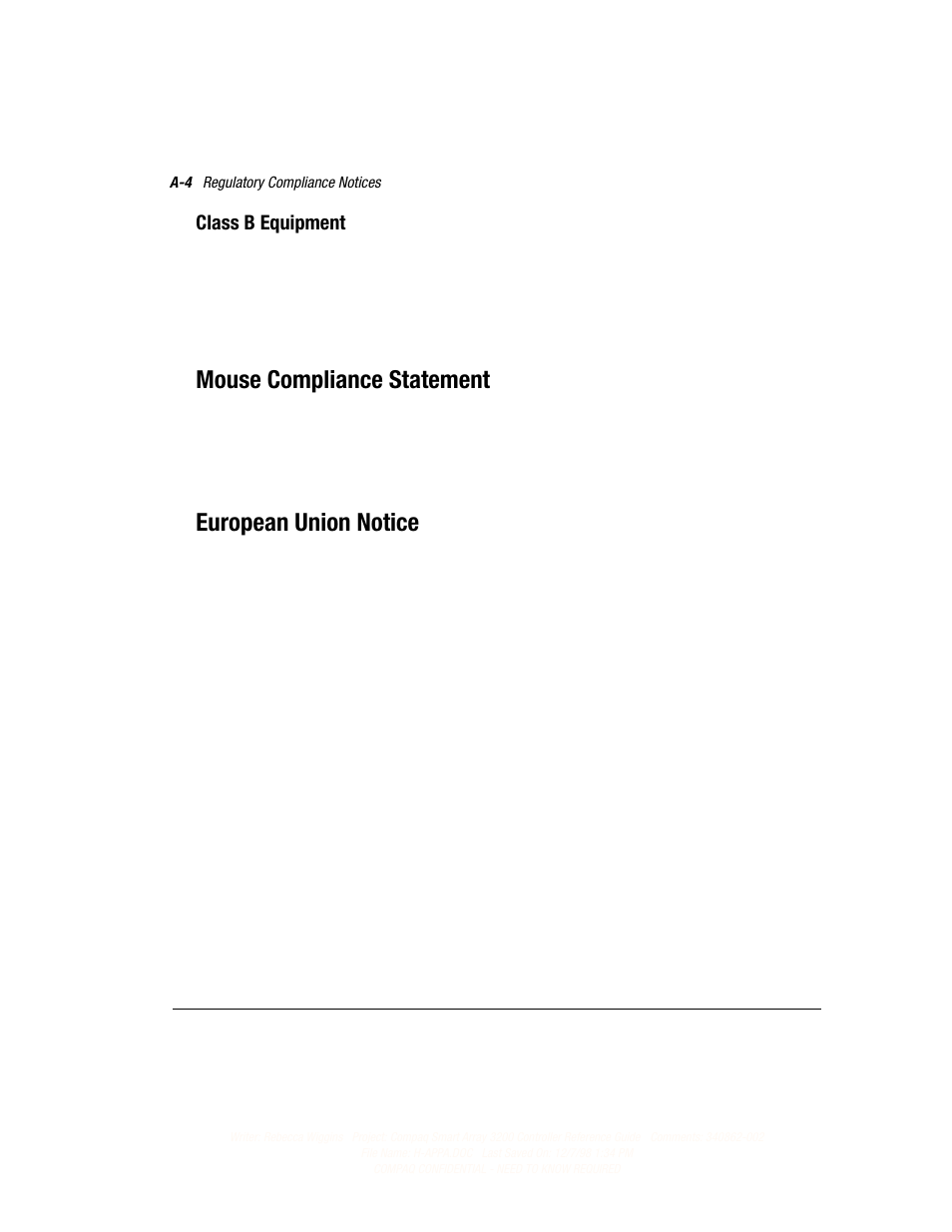 Mouse compliance statement, European union notice, Class b equipment | Compaq 3200 User Manual | Page 127 / 211