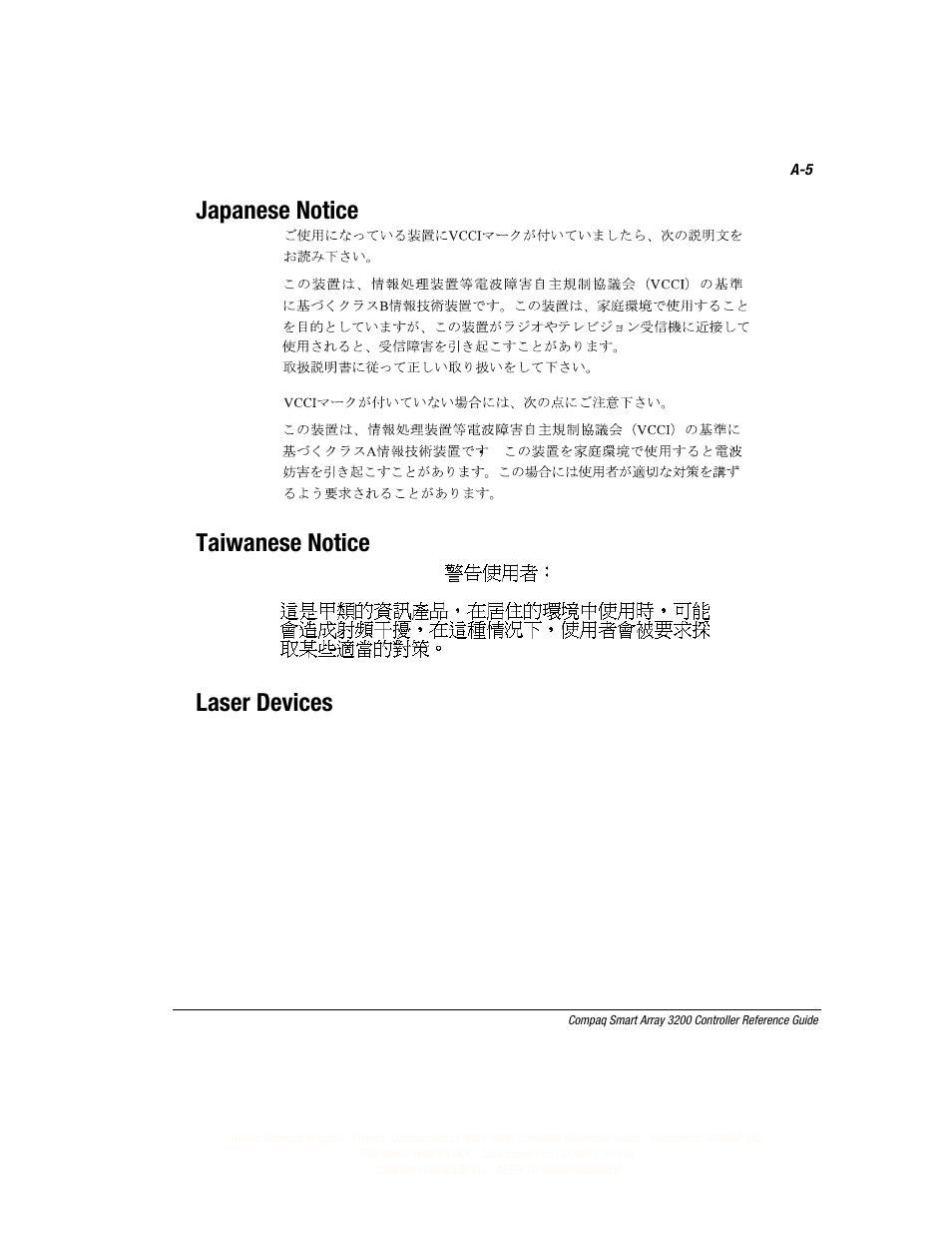 Japanese notice taiwanese notice laser devices | Compaq 3200 User Manual | Page 128 / 211