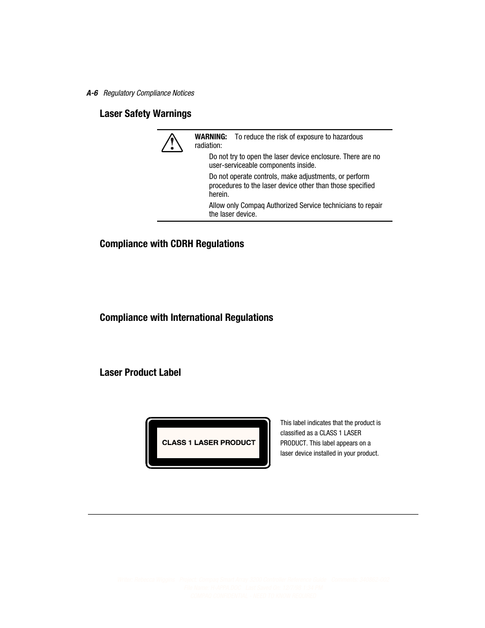 Laser safety warnings, Compliance with cdrh regulations, Compliance with international regulations | Laser product label | Compaq 3200 User Manual | Page 129 / 211