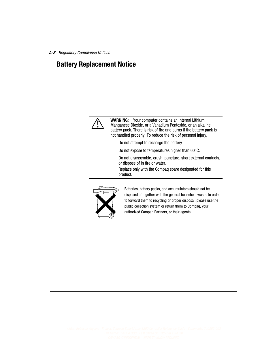 Battery replacement notice | Compaq 3200 User Manual | Page 131 / 211