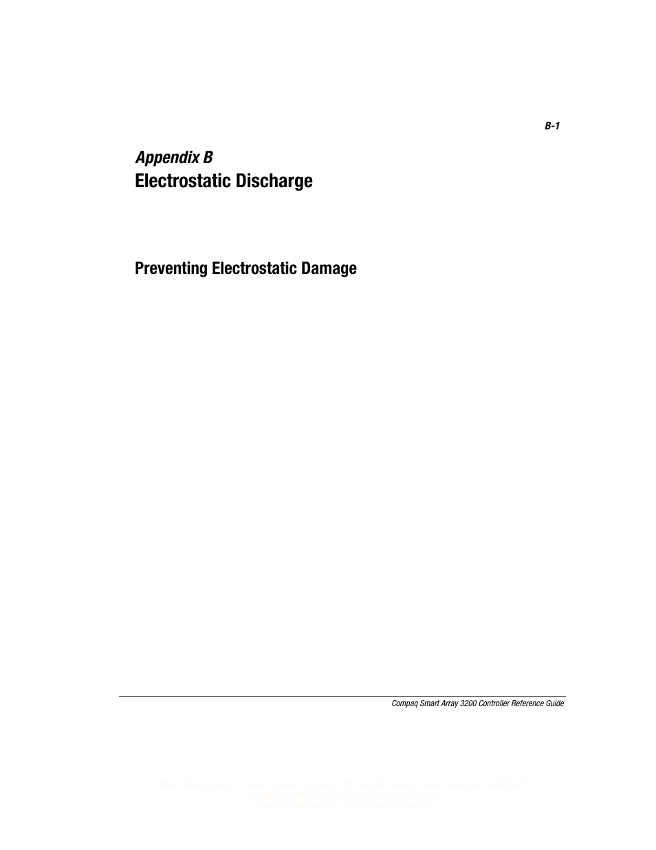 Appendix b: electrostatic discharge, Appendix b, Electrostatic discharge | Preventing electrostatic damage | Compaq 3200 User Manual | Page 132 / 211