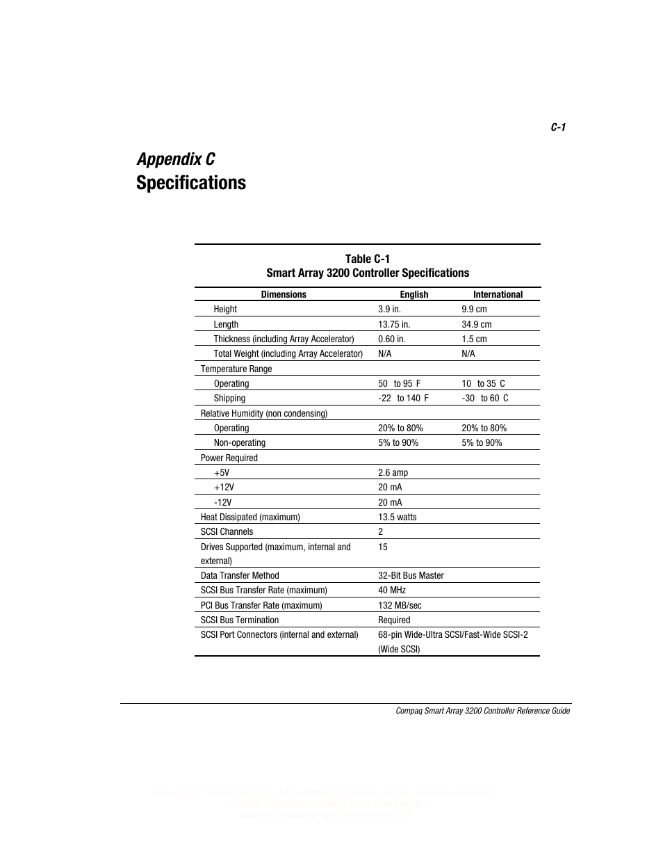 Appendix c: specifications, Appendix c, Specifications | Compaq 3200 User Manual | Page 134 / 211