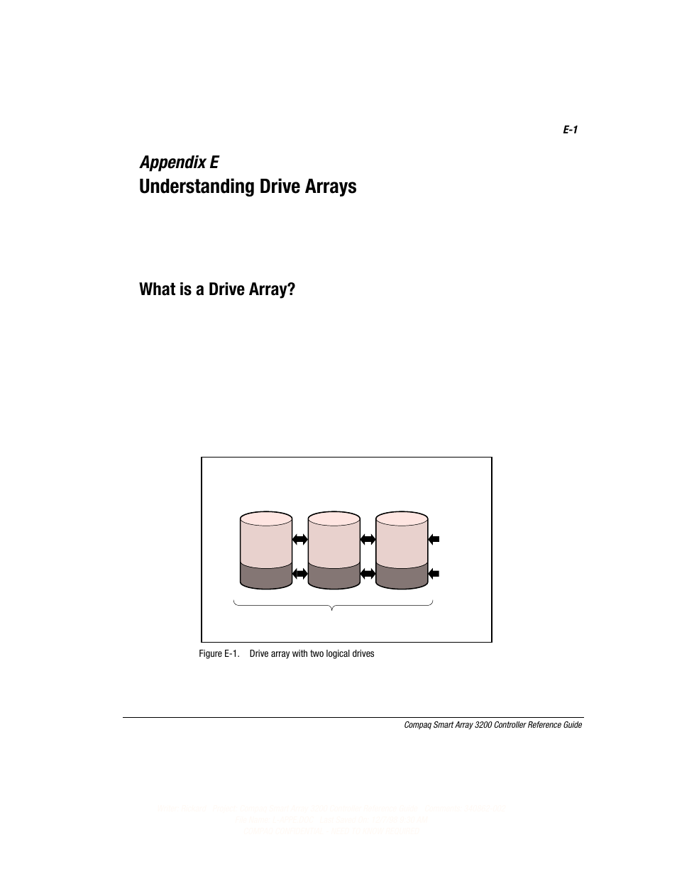 Appendix e: understanding drive arrays, Appendix e, Understanding drive arrays | Continued, What is a drive array | Compaq 3200 User Manual | Page 143 / 211