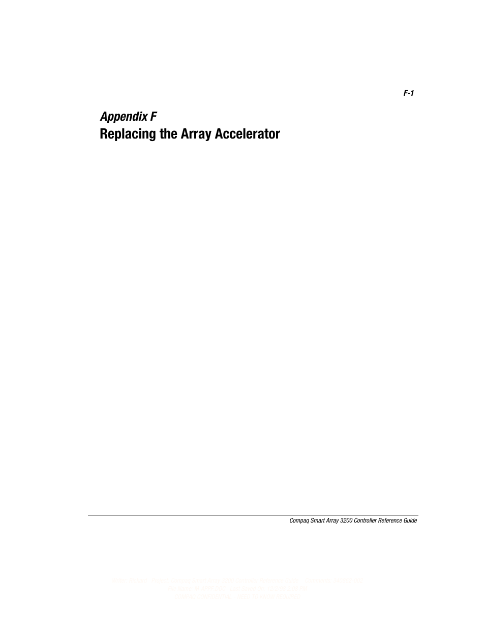Appendix f: replacing the array accelerator, Appendix f, Replacing the array accelerator | Compaq 3200 User Manual | Page 171 / 211