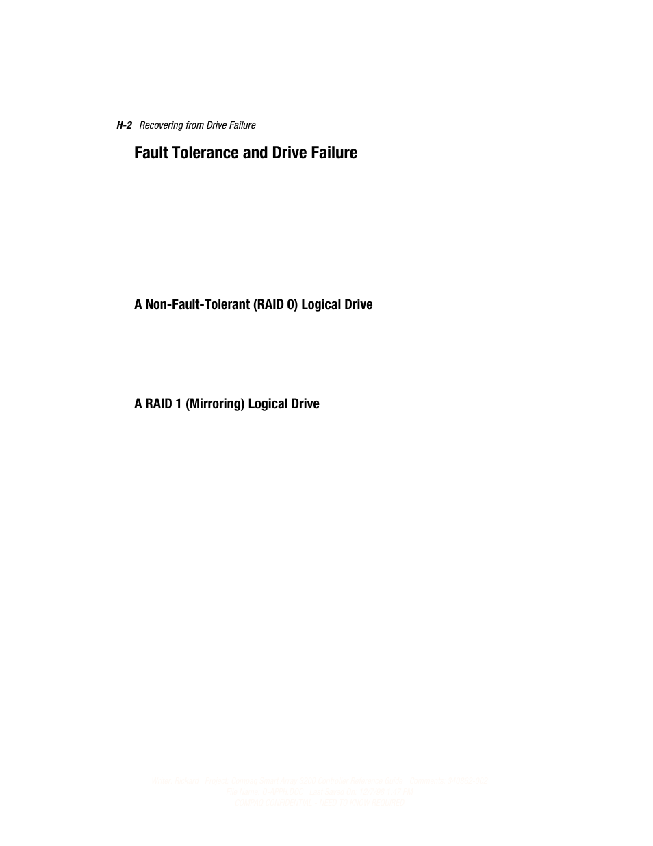 Fault tolerance and drive failure, A non-fault-tolerant (raid 0) logical drive, A raid 1 (mirroring) logical drive | Compaq 3200 User Manual | Page 182 / 211