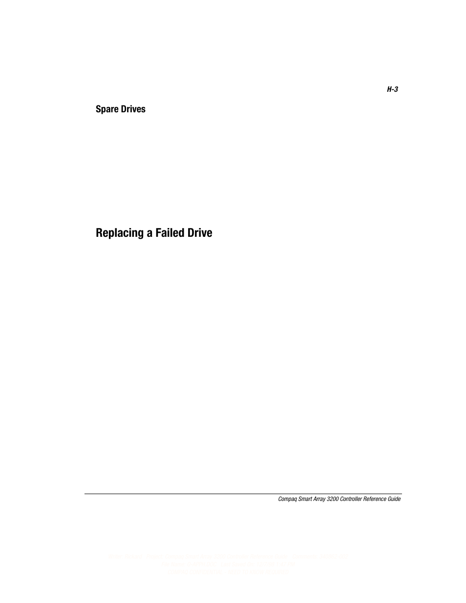Replacing a failed drive, Spare drives | Compaq 3200 User Manual | Page 183 / 211