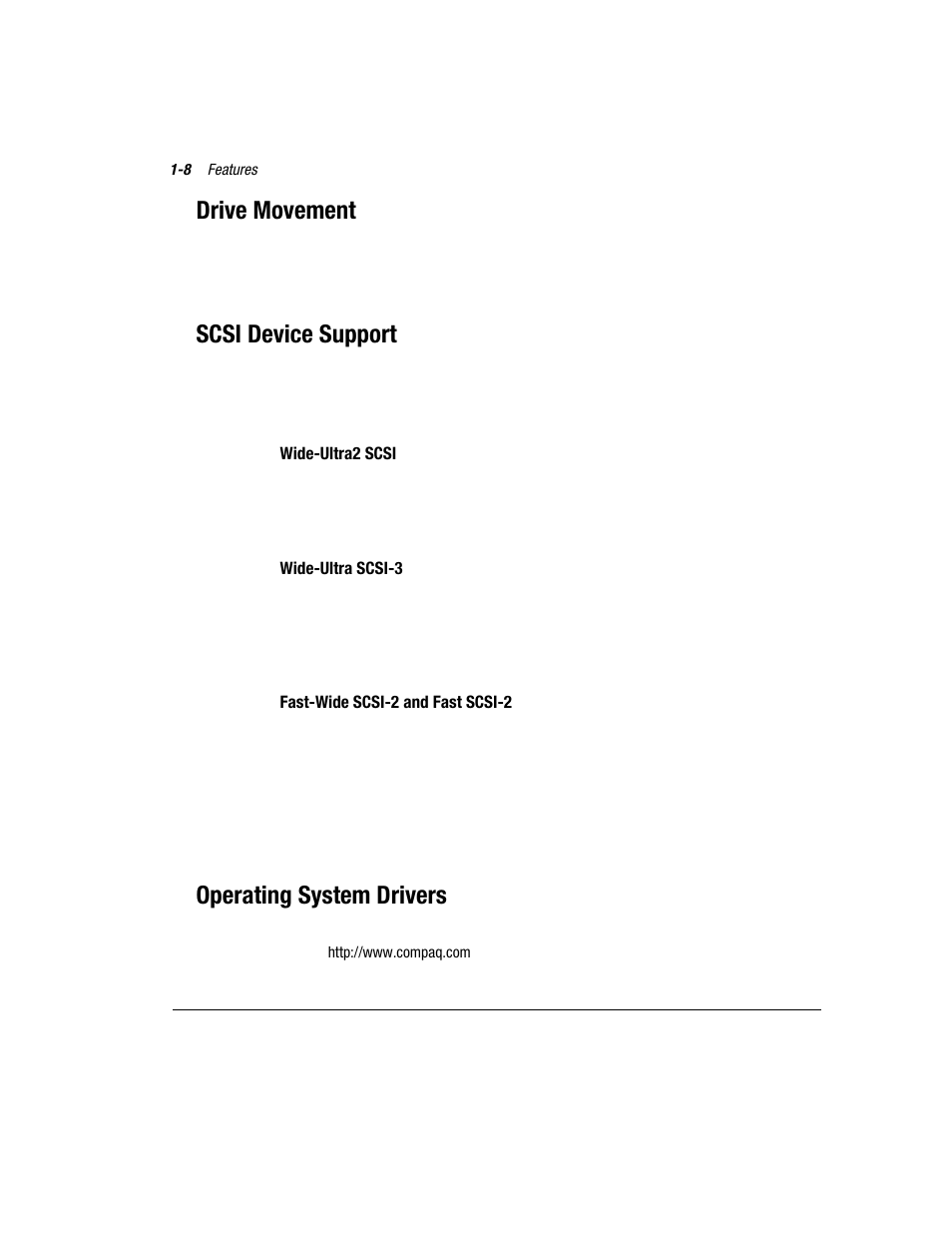 Drive movement, Scsi device support, Operating system drivers | Compaq 3200 User Manual | Page 20 / 211